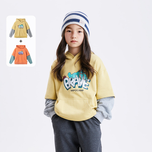 mipo春季儿童连帽卫衣奥莱outlets女童新款男童上衣假两件撞色T恤