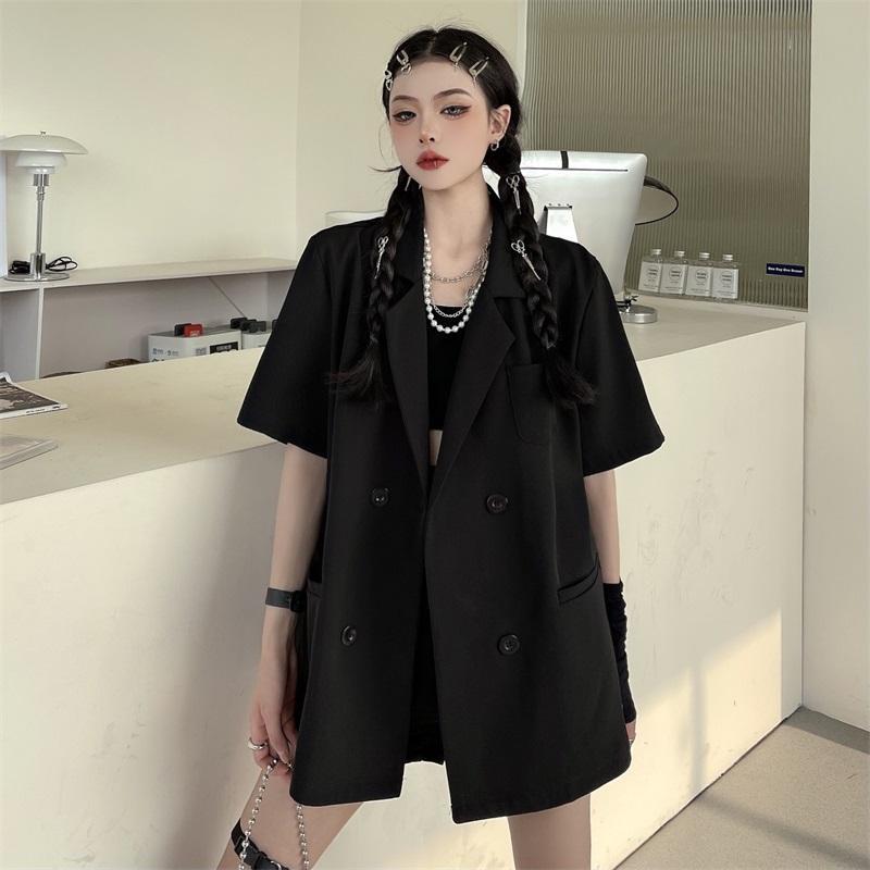 胖mm特大码300斤短袖西装外套女夏季设计感小众宽松显瘦黑色西服2