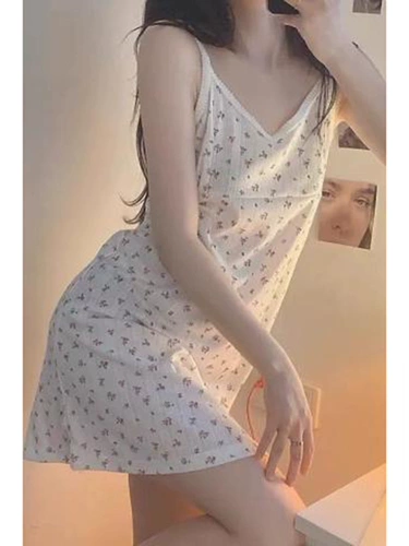 Очень большая летняя пижама, платье, тонкая милая юбка для школьников, большой размер, цветочный принт, V-образный вырез, эффект подтяжки, оверсайз