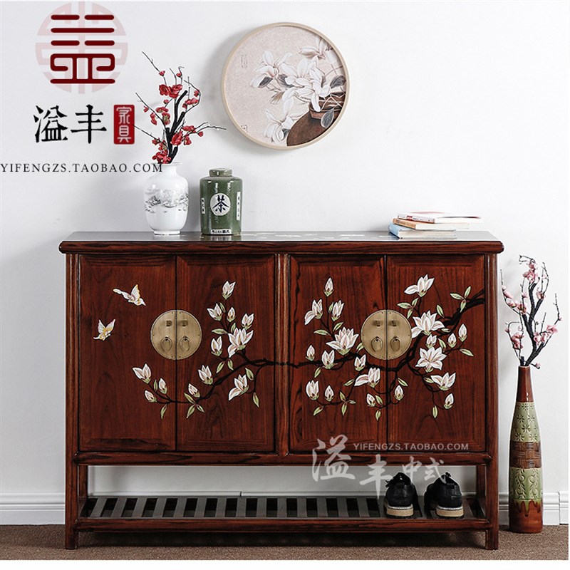 新中式彩绘老榆木鞋柜 玄关门厅隔断装饰柜储物柜田园风格实木柜