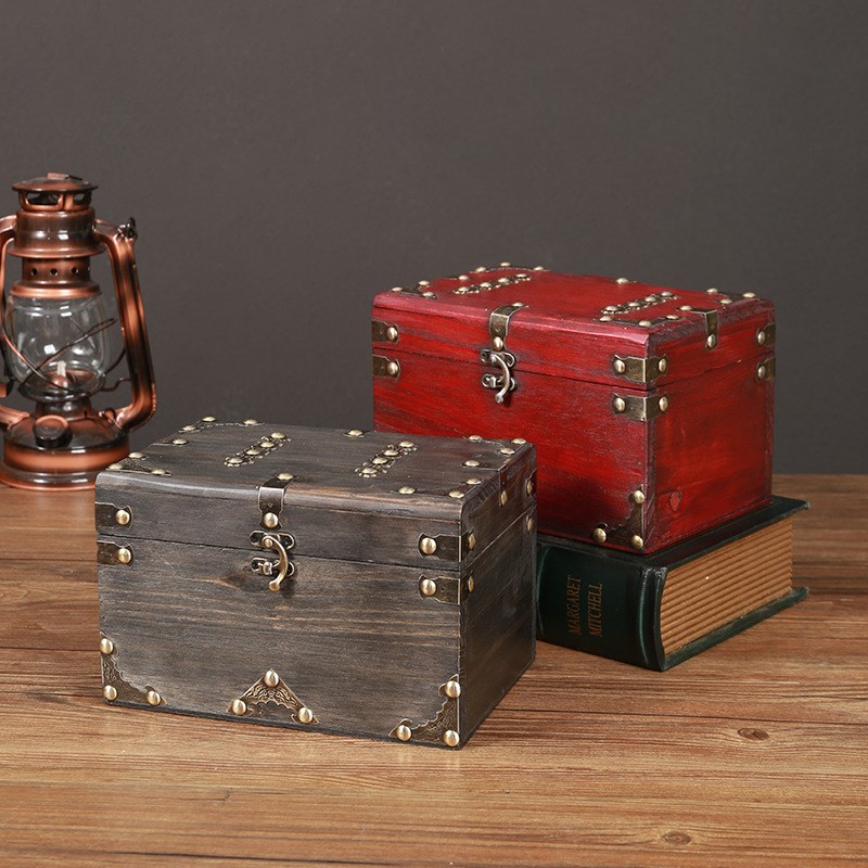 复古实木收纳盒家用桌面证件杂物收纳箱仿古首饰盒影视道具百宝箱