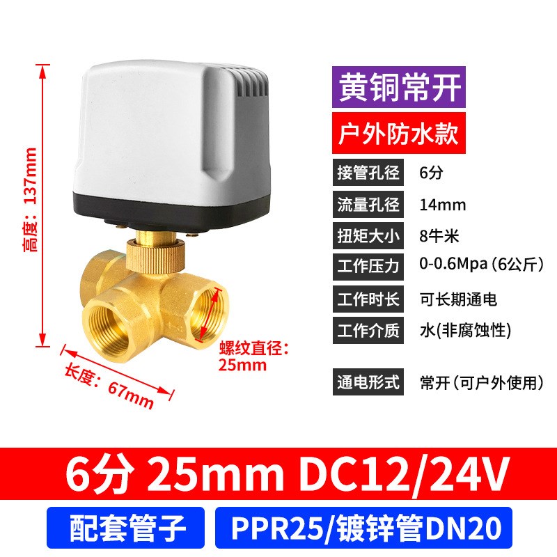 220V24黄铜二通丝扣球阀管道开关常闭水阀铜球阀防水微型电动阀门