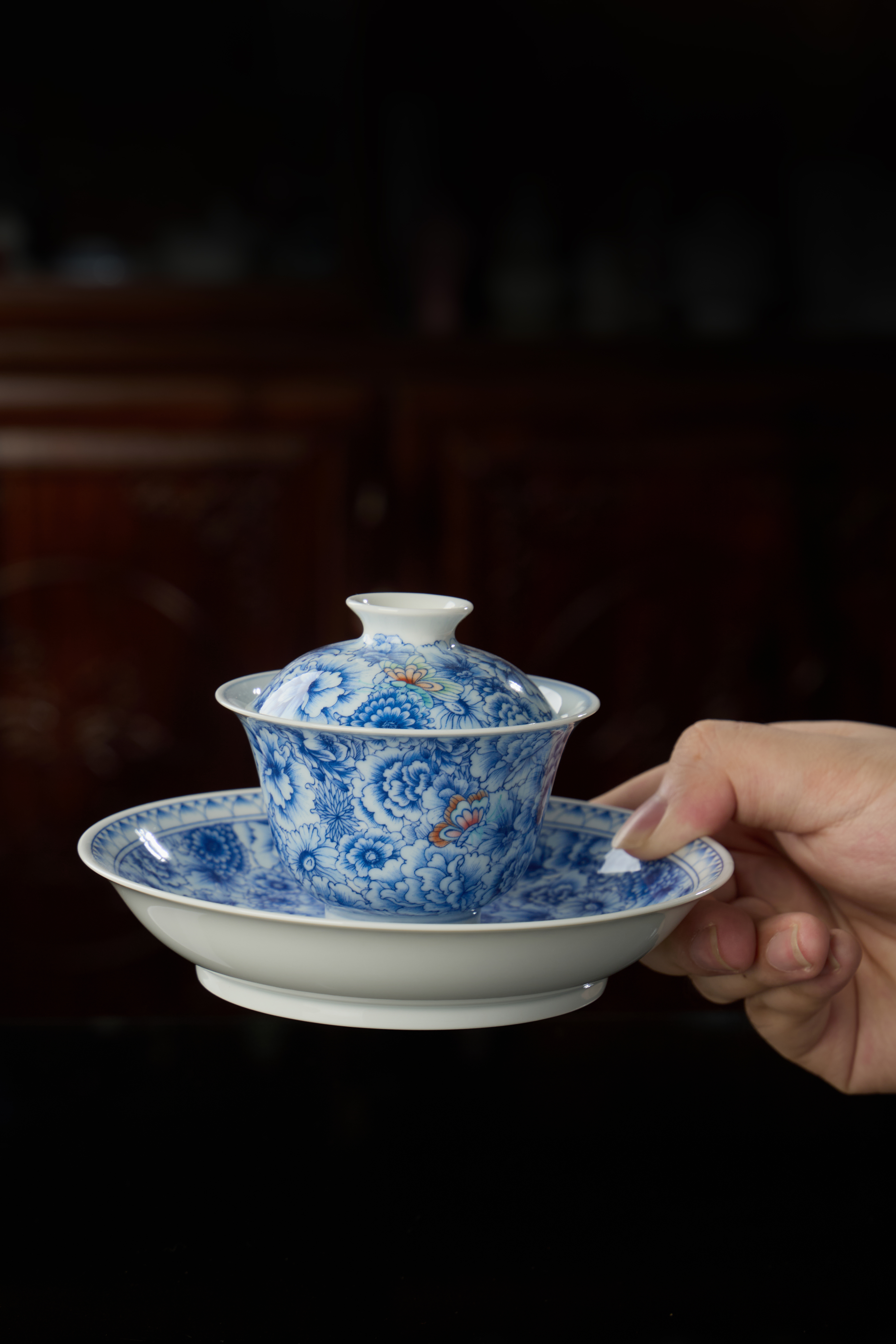 景德镇手工万花陶瓷盖碗泡茶茶杯釉下彩高端中式功夫茶具茶碗青花