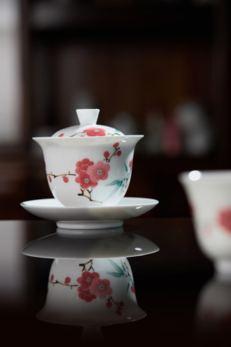 景德镇手工翠竹红梅陶瓷盖碗泡茶茶杯釉下彩高端中式功夫茶具茶碗