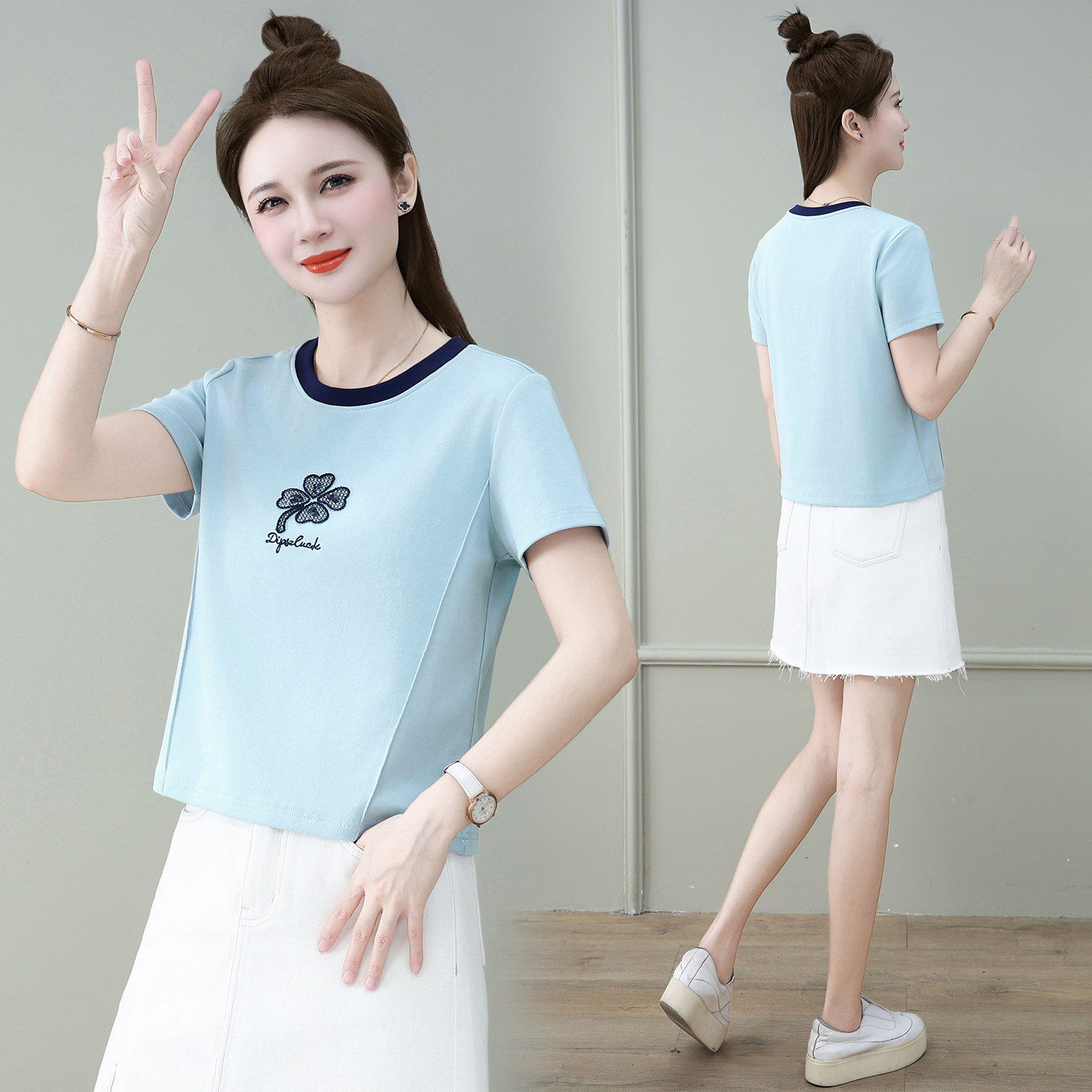 时尚拼色圆领短袖T恤女短款2026年夏季新款刺绣减龄显瘦纯棉上衣