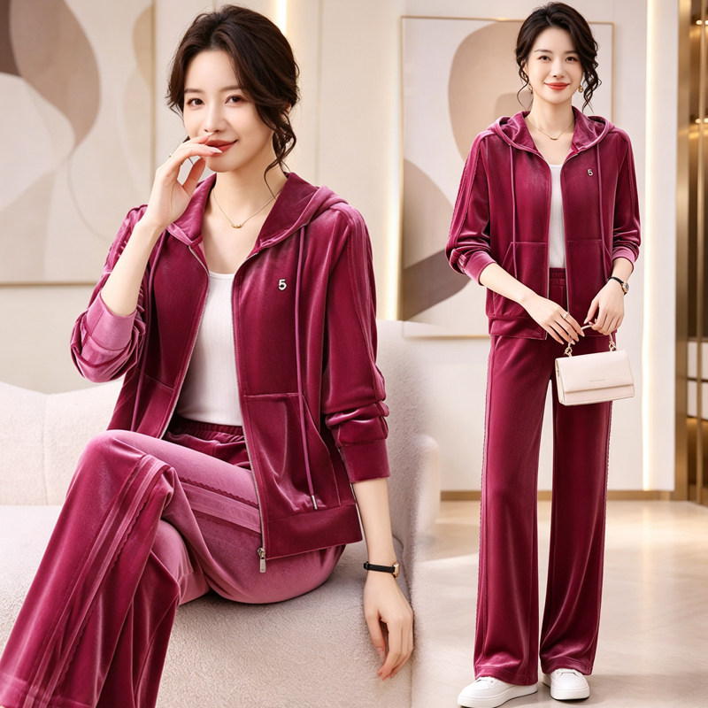 高级感金丝绒运动套装女2026秋季洋气连帽卫衣阔腿裤休闲服两件套