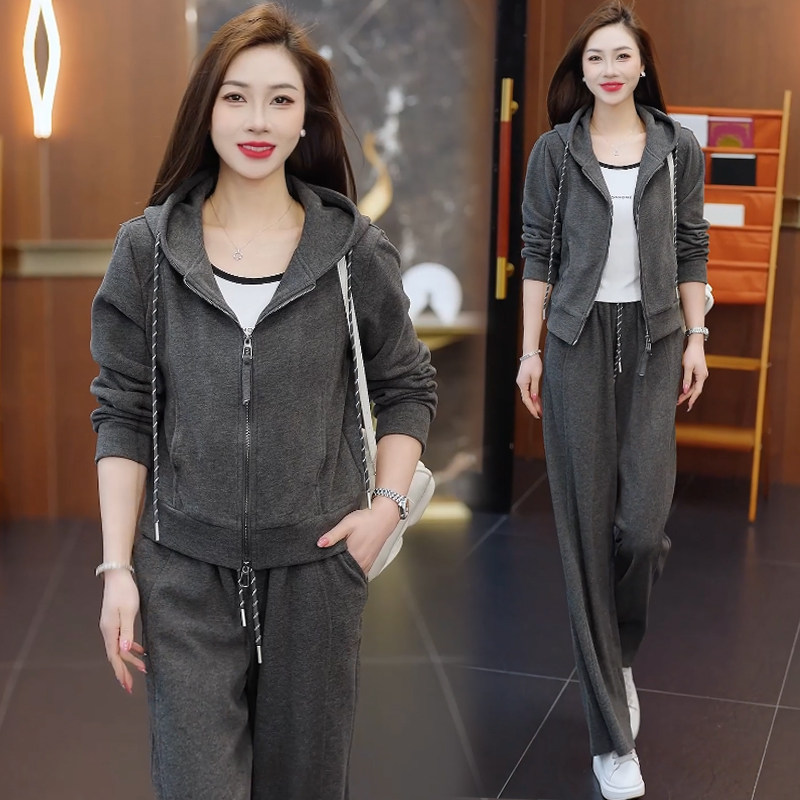 时尚休闲运动服套装女2026春秋新款连帽开衫卫衣阔腿裤显瘦两件套