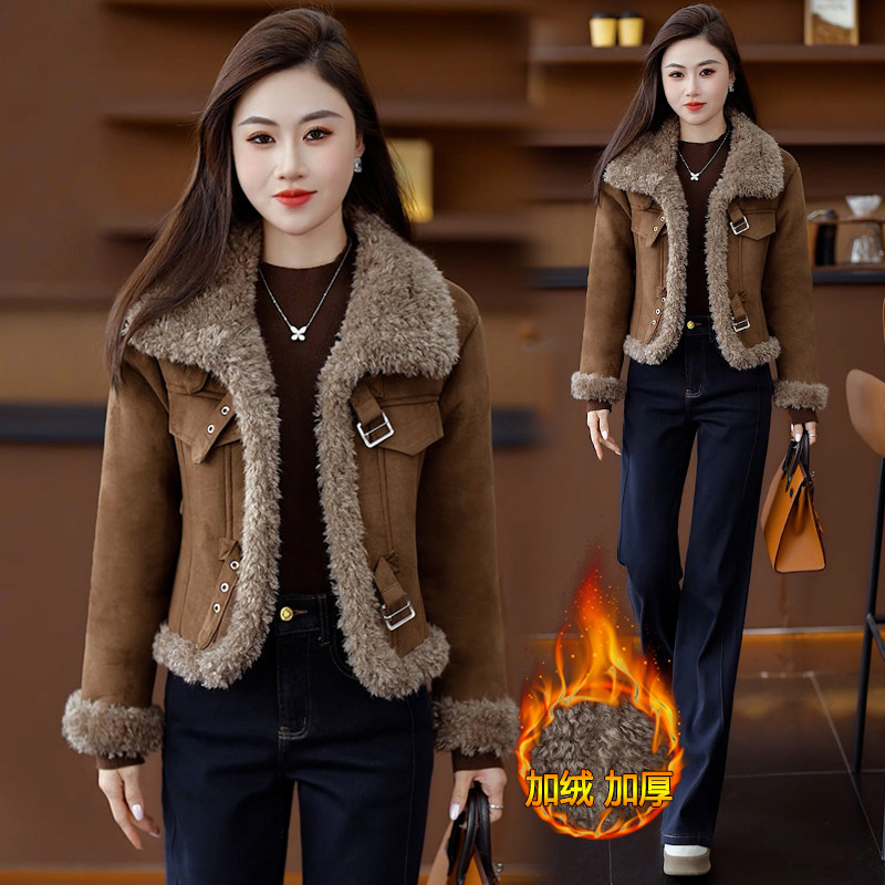 2025冬季新款皮毛一体短外套女洋气百搭加绒保暖麂皮绒夹克上衣潮