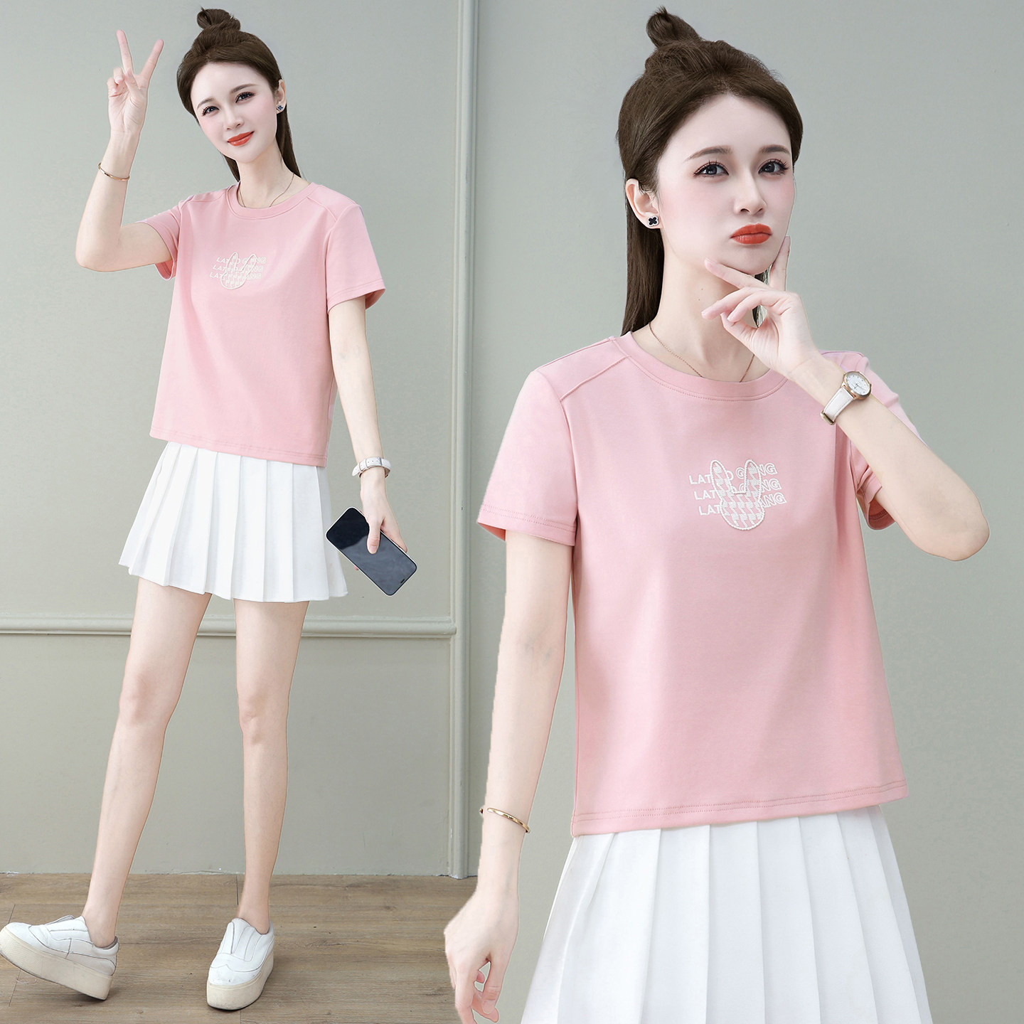 时尚小个子圆领纯棉短袖T恤女2026夏季新款减龄显瘦百搭半袖上衣