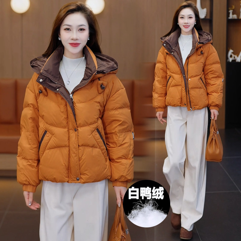 撞色连帽短款羽绒服女2025新款韩版时尚宽松百搭白鸭绒外套潮,女装/女士精品,羽绒服,淘宝优惠券,粉丝福利购,淘宝优惠卷