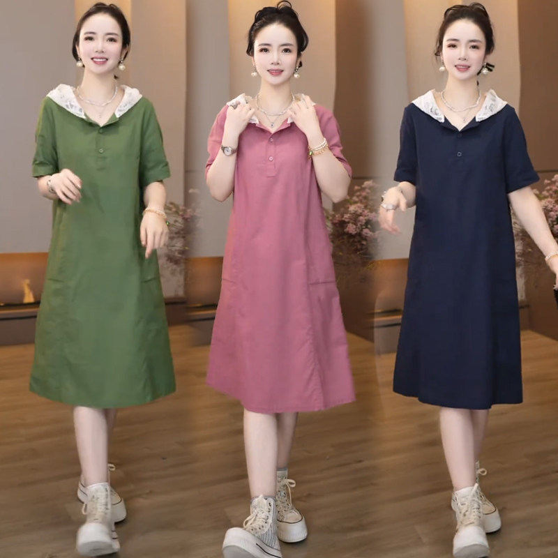 夏季宽松显瘦蕾丝拼接连帽连衣裙