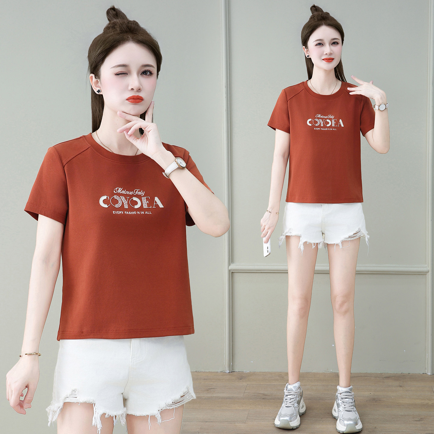 时尚休闲短袖T恤女夏季2026新款减龄宽松圆领字母刺绣棉质体恤衫