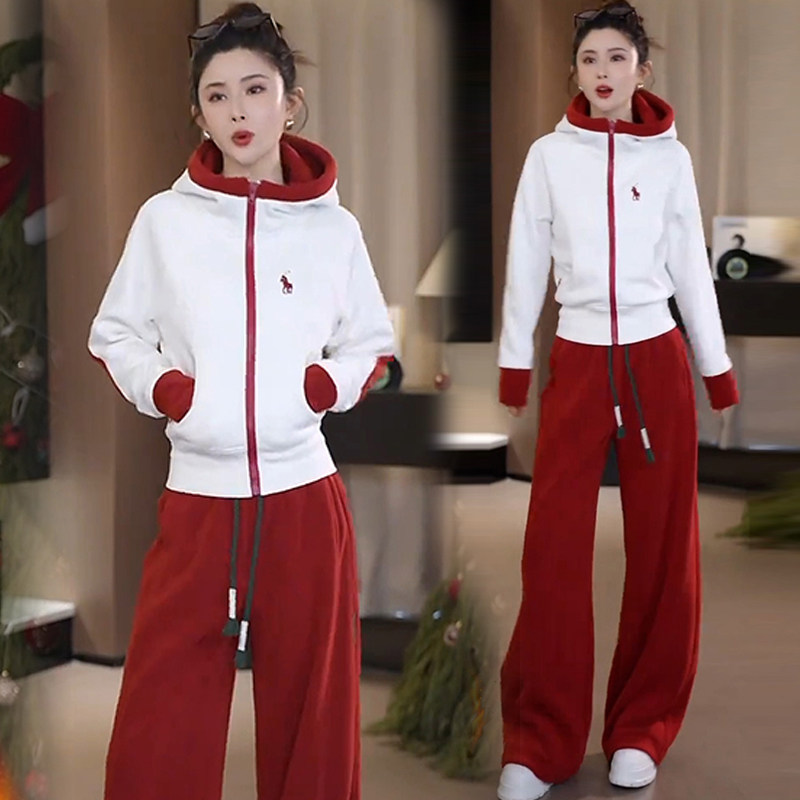 时尚休闲运动服套装女2026春季新款减龄连帽撞色卫衣阔腿裤两件套