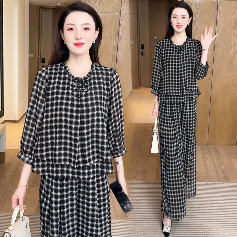 时尚格纹套装女2026春夏新款洋气宽松显瘦雪纺衫上衣阔腿裤两件套