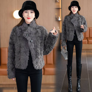 时尚百搭仿皮草短款外套女2025冬季新款立领显瘦保暖皮毛一体上衣
