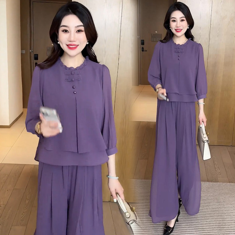 时尚雪纺衫套装女2026春夏新款洋气宽松显瘦盘扣上衣阔腿裤两件套