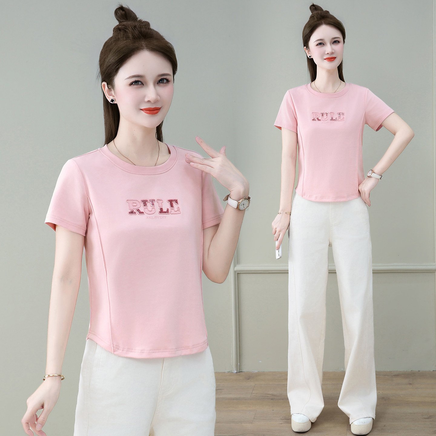 时尚短袖T恤女2026夏季新款字母刺绣修身显瘦小个子短款半袖上衣