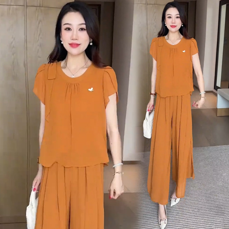 时尚套装女2026夏季新款洋气宽松显瘦雪纺衫短袖上衣阔腿裤两件套