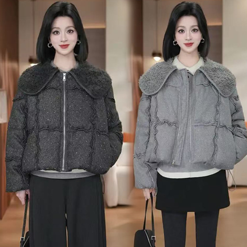 羊羔毛翻领短款加厚保暖棉服女