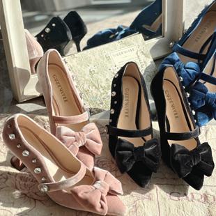 原创复古丝绒手工缝钻优雅气质蝴蝶结礼服鞋年会鞋婚鞋高跟鞋聚会