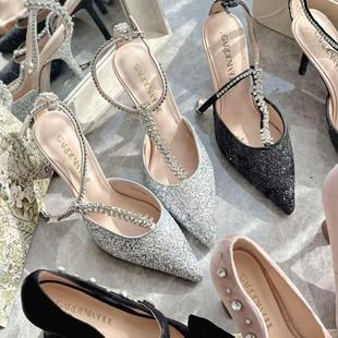 尖头高跟鞋水钻单鞋法式气质小香风细跟新娘婚纱鞋夏季新款配裙子