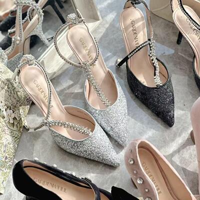 高跟亮片羊皮脚垫尖头施钻宴会鞋