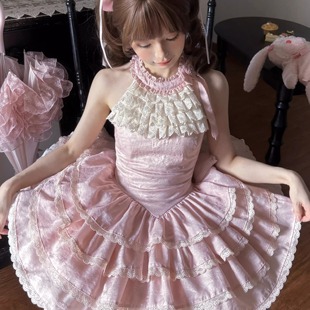 GardeinaFille 法式蕾丝蛋糕挂脖连衣裙蜜桃慕丝蛋糕裙