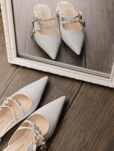 原创法式牛皮低跟尖头钻跟时尚凉拖鞋春夏女鞋外穿包头百搭半拖