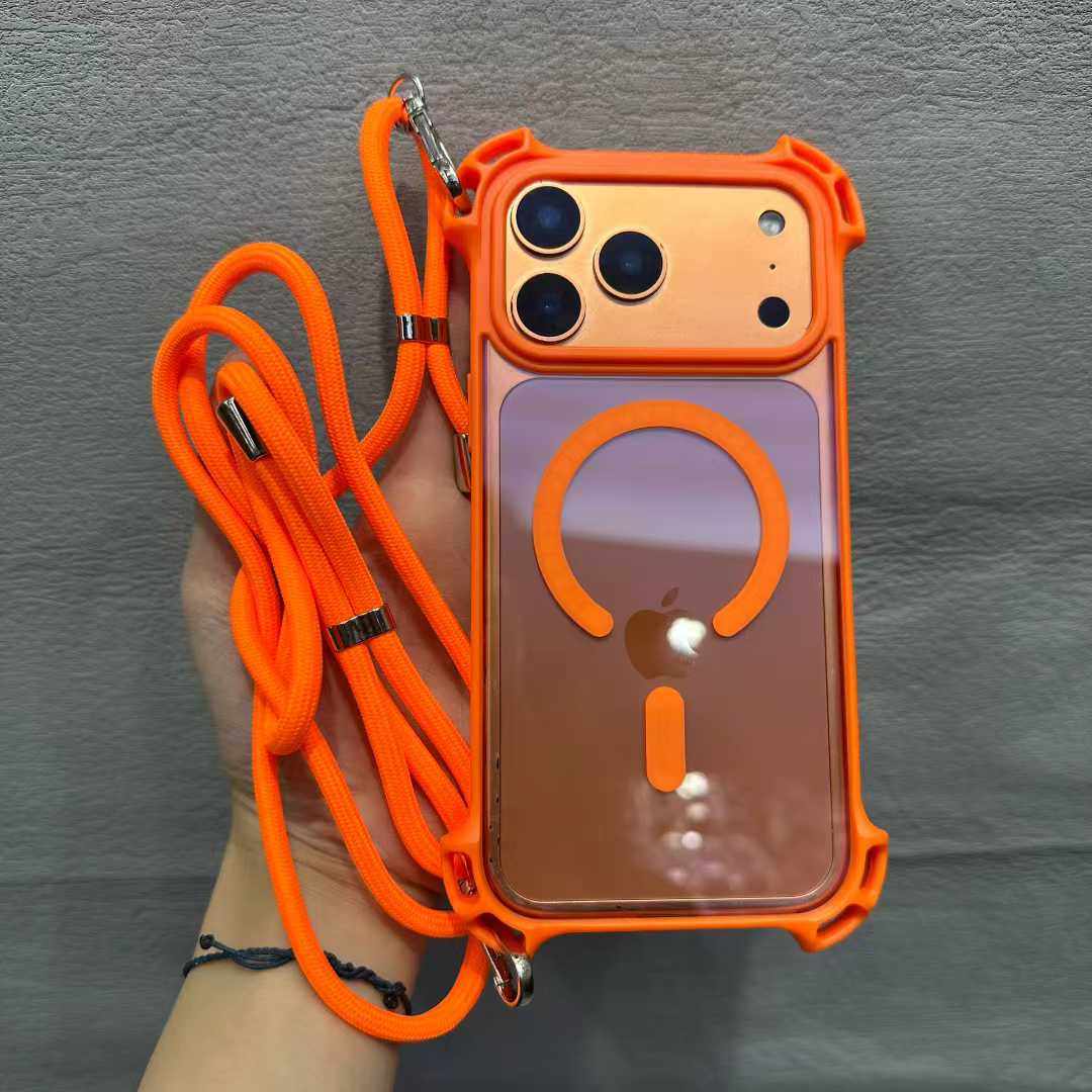 可斜挎挂绳适用于苹果17promax手机壳磁吸充电iPhoneAir橙色四角开孔13/14气囊ip17por防摔16PM透明15Pro高级