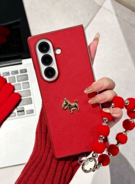 马年红色小羊皮适用于三星ZFold7折叠屏手机壳Galaxyzfold6保护套W23毛绒手链zflip7FE全包6/5/4/3新款外壳女