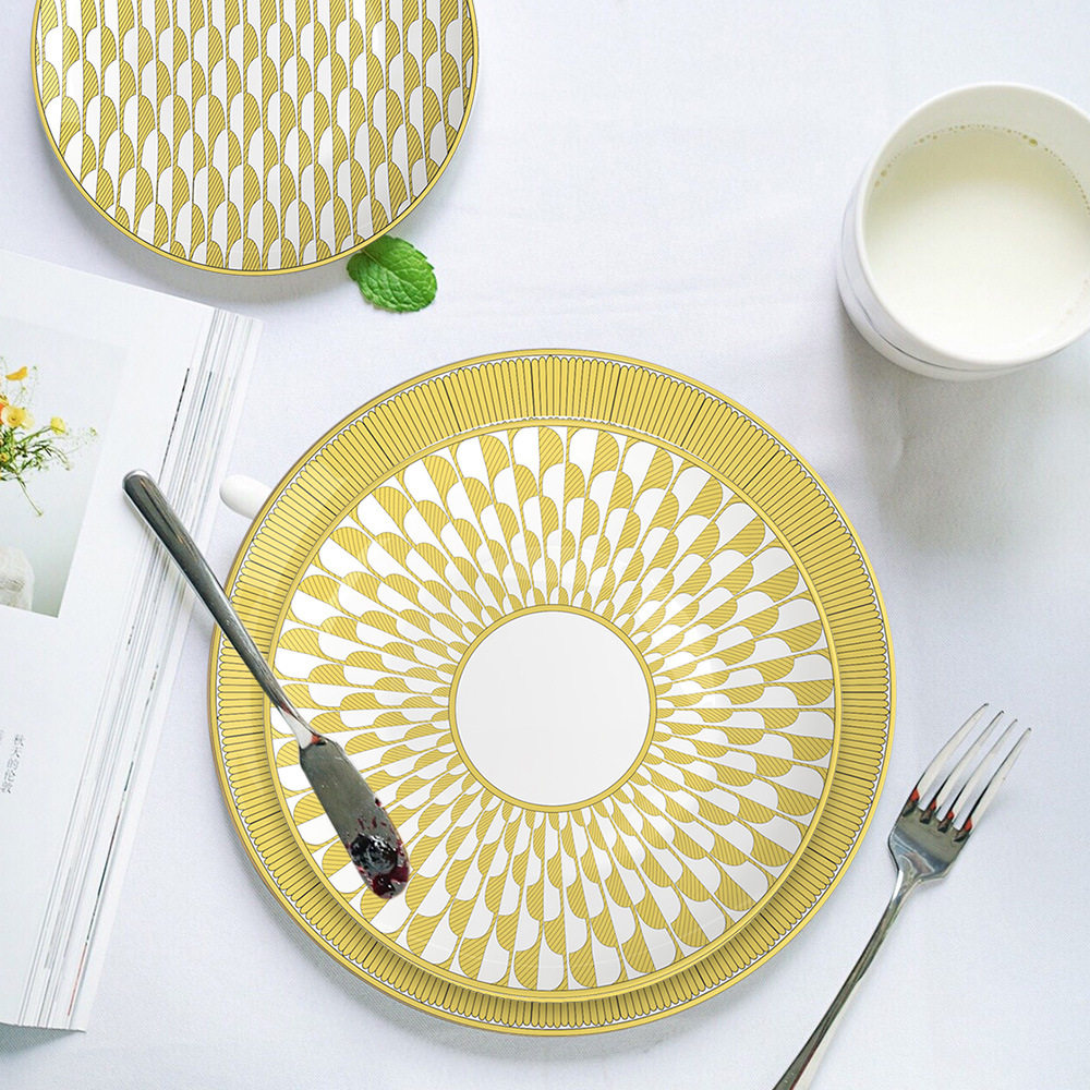 H家金边黄色太阳系列欧式骨瓷牛排盘高级感陶瓷西餐盘家用菜盘子