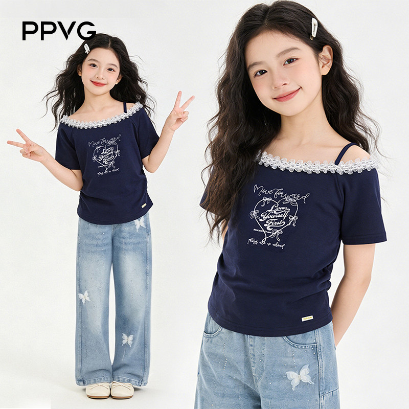 PPVG女童韩系蕾丝一字肩T恤
