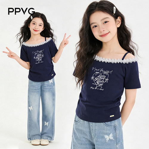 PPVG女童韩系蕾丝一字肩T恤