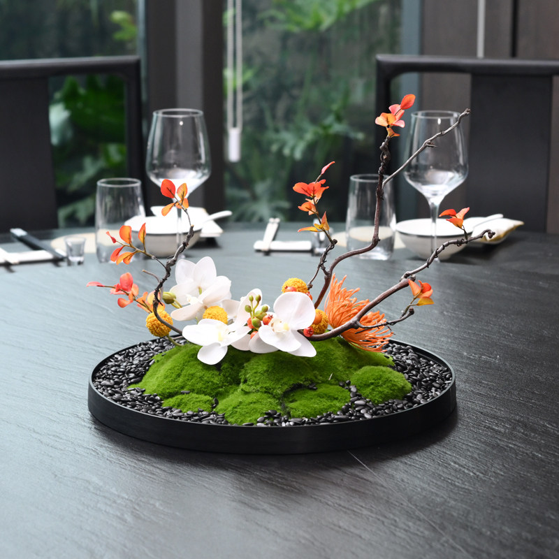 新中式餐桌花仿真花包间微景观摆件酒店餐厅大桌花圆盘装饰花假花