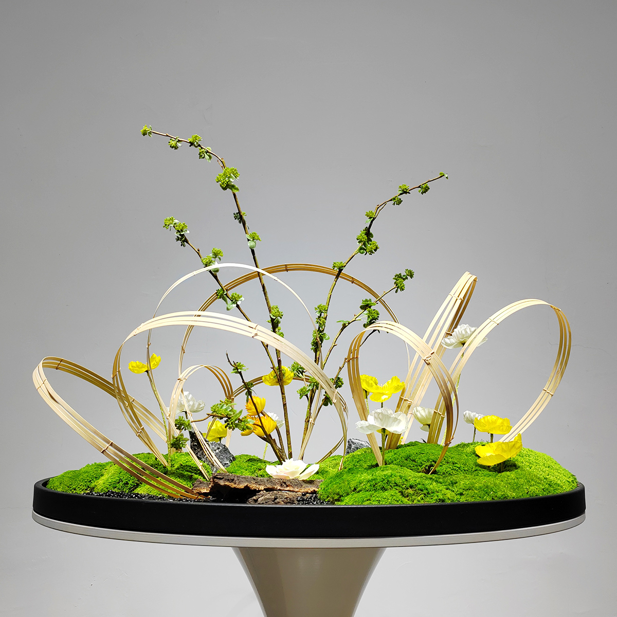 酒店餐桌花艺摆台装饰品摆件大转盘中间永生苔藓盆栽新中式仿真花