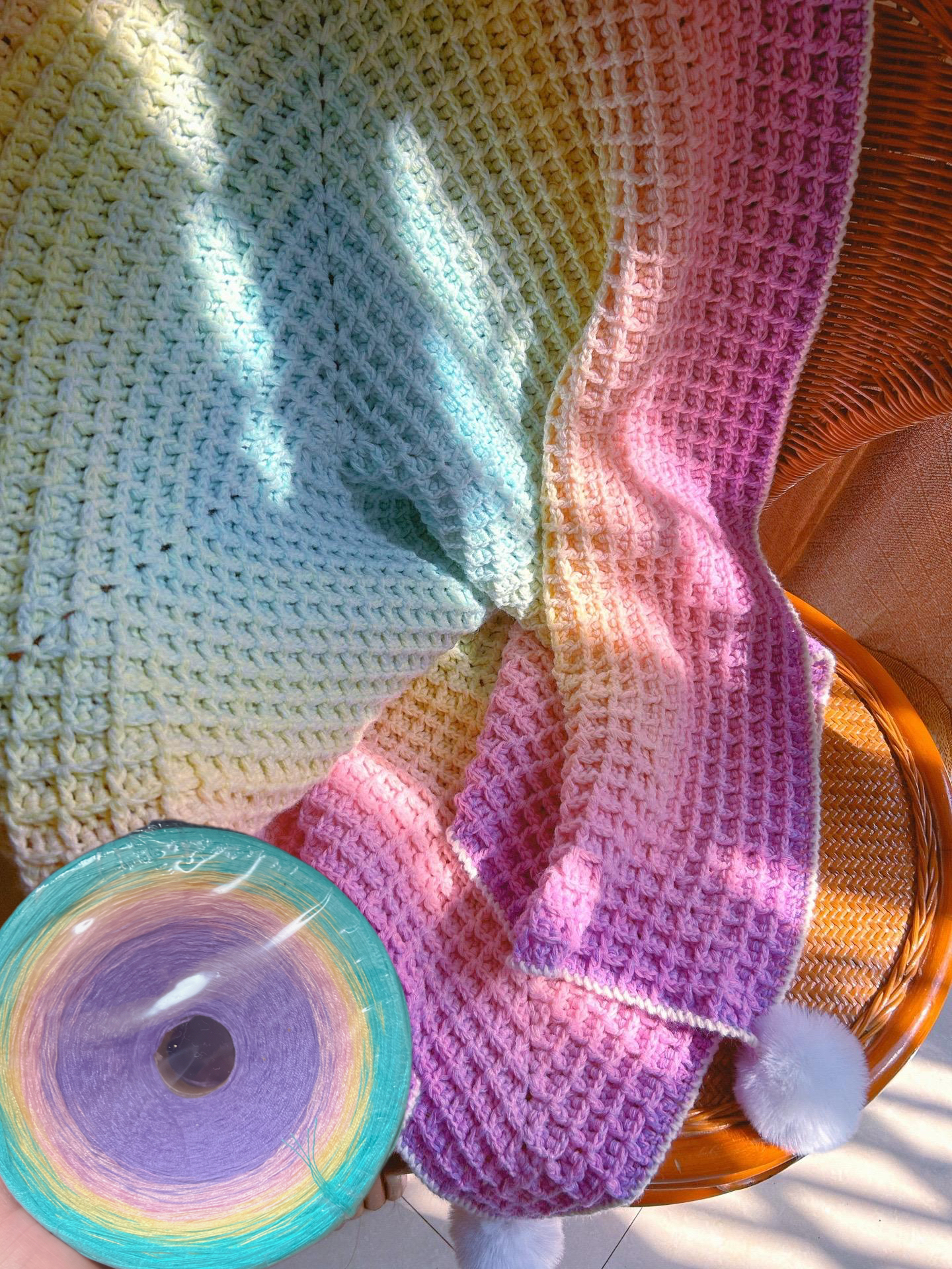 春夏渐变蛋糕线彩虹小妖精纯棉天丝棉蕾丝披肩短袖钩织垂感凉爽