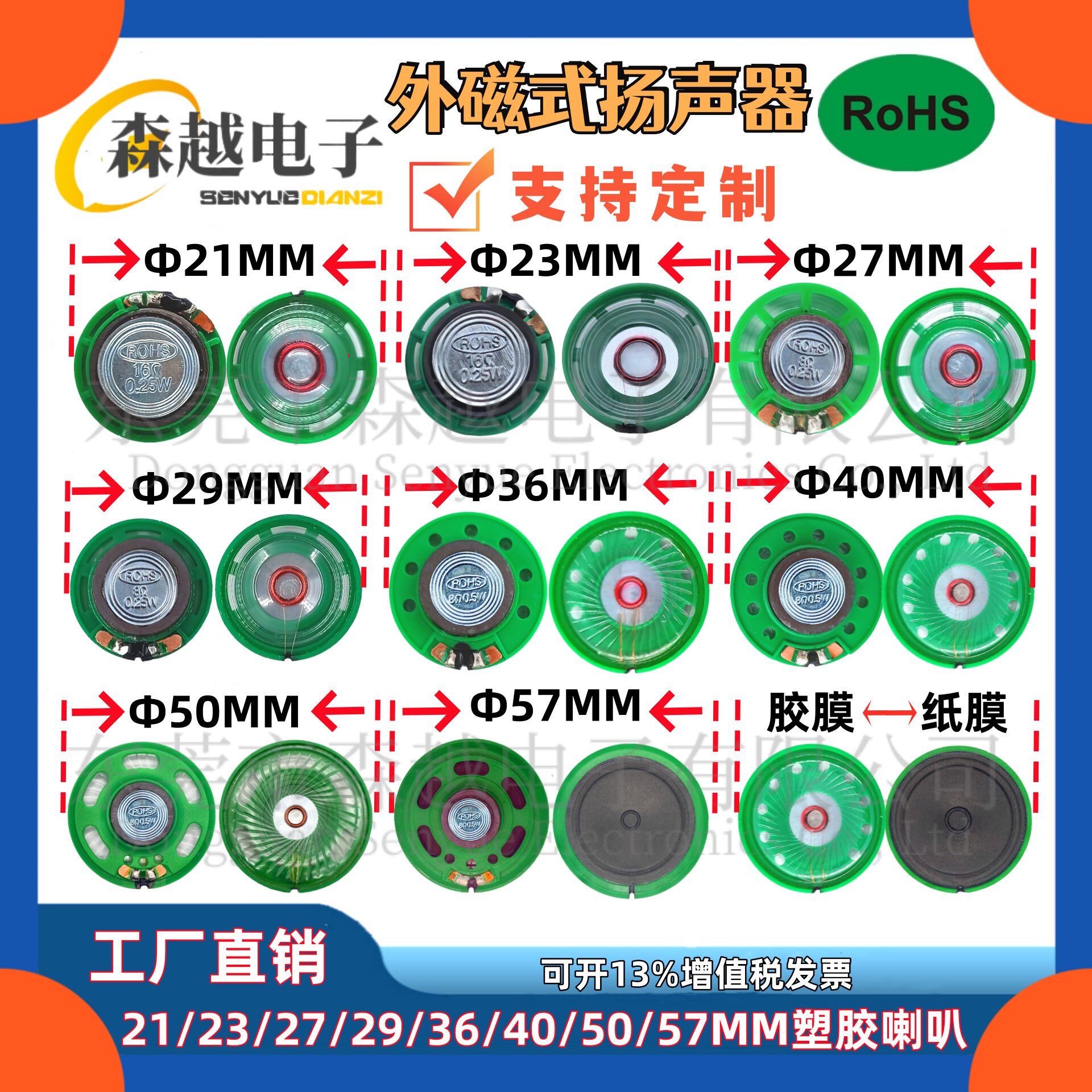 塑壳21/23/27/29/36/40/50/57MM 8/16/32欧0.25/0.5W环保玩具喇叭