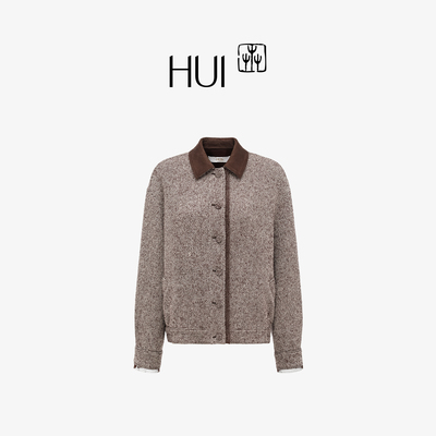 HUI卉暮云灰粗纺绵羊毛拼领外套