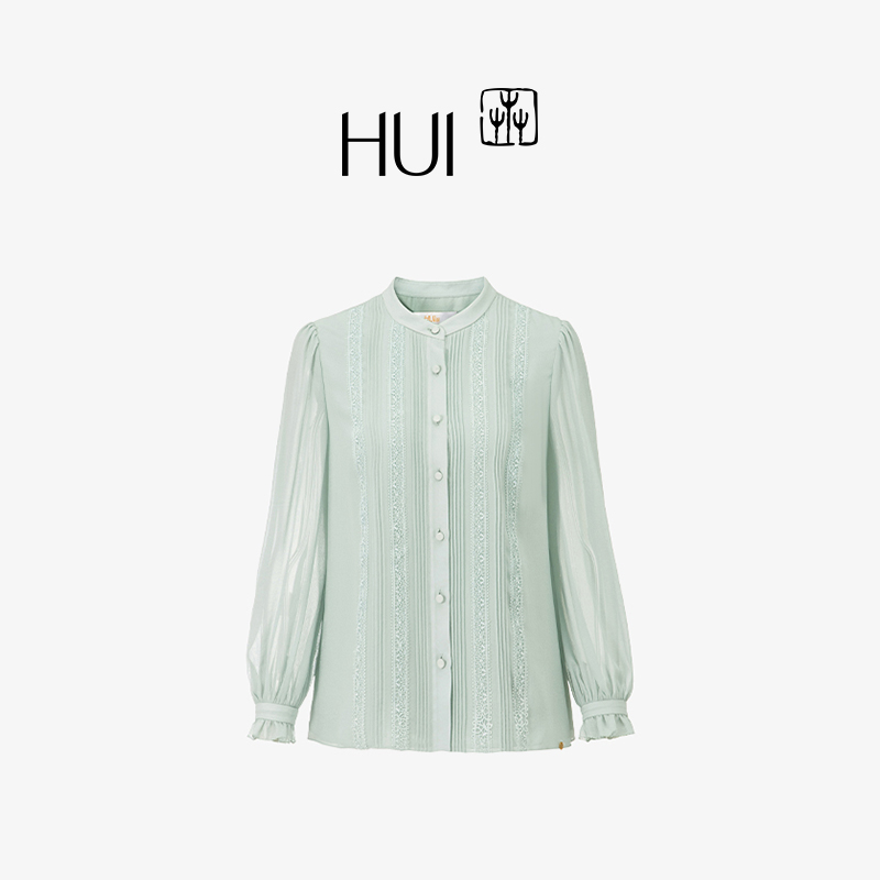 HUI卉100%缥碧色压褶蕾丝衬衫