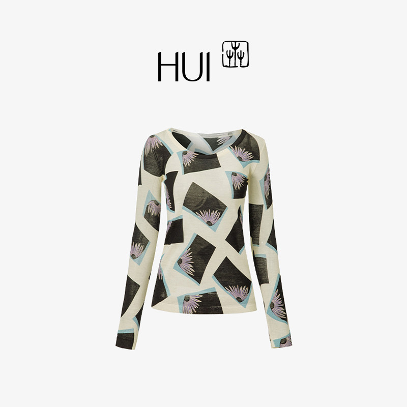 HUI卉100%精纺羊毛团花印花修身时尚修身S廓形圆领针织毛衫碎花