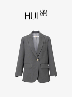 HUI卉青灰色松身款环保ATY面料经典版一粒扣九分袖西装外套