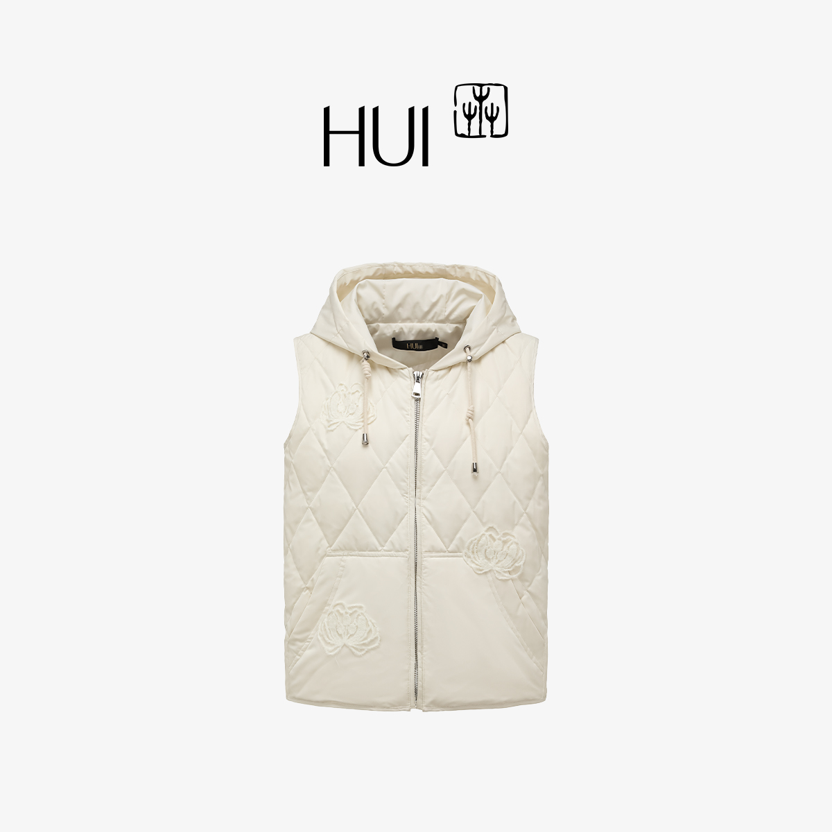 HUI卉玉兰织花连帽鹅绒格纹马甲
