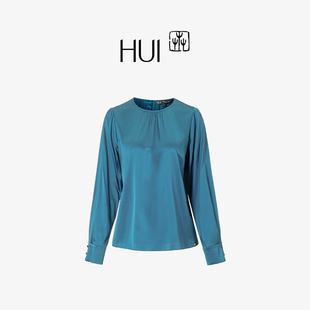 HUI卉蓝靛色25MM6A重磅桑蚕丝生丝H廓形压褶女士上衣基础压褶衬衫