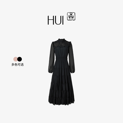 HUI卉真丝雪纺木耳边礼服连衣裙