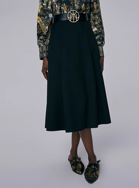 HUI卉SPH斜纹黛黑色赫本风重工压褶经典放摆伞裙大A摆简约半身裙