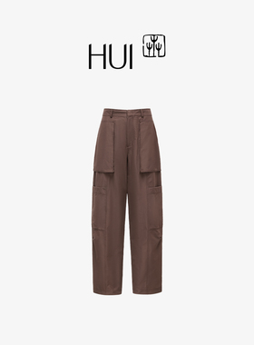 HUI卉丝光涤棉大量感多口袋设计檀褐色运动休闲长裤2025新款