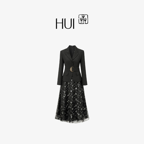 HUI卉西装式纱裙拼接礼服连衣裙