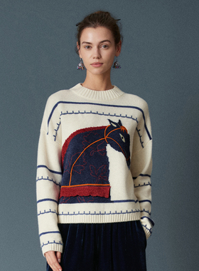 HUI卉100%绵羊毛蓝白条纹玉兰之马到成功刺绣针织衫2025秋冬新款