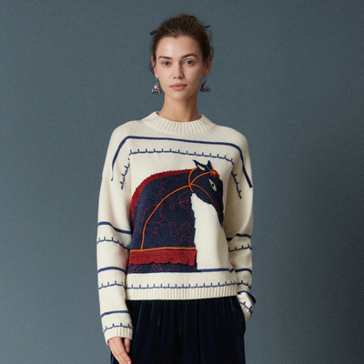 HUI卉100%绵羊毛蓝白条纹针织衫