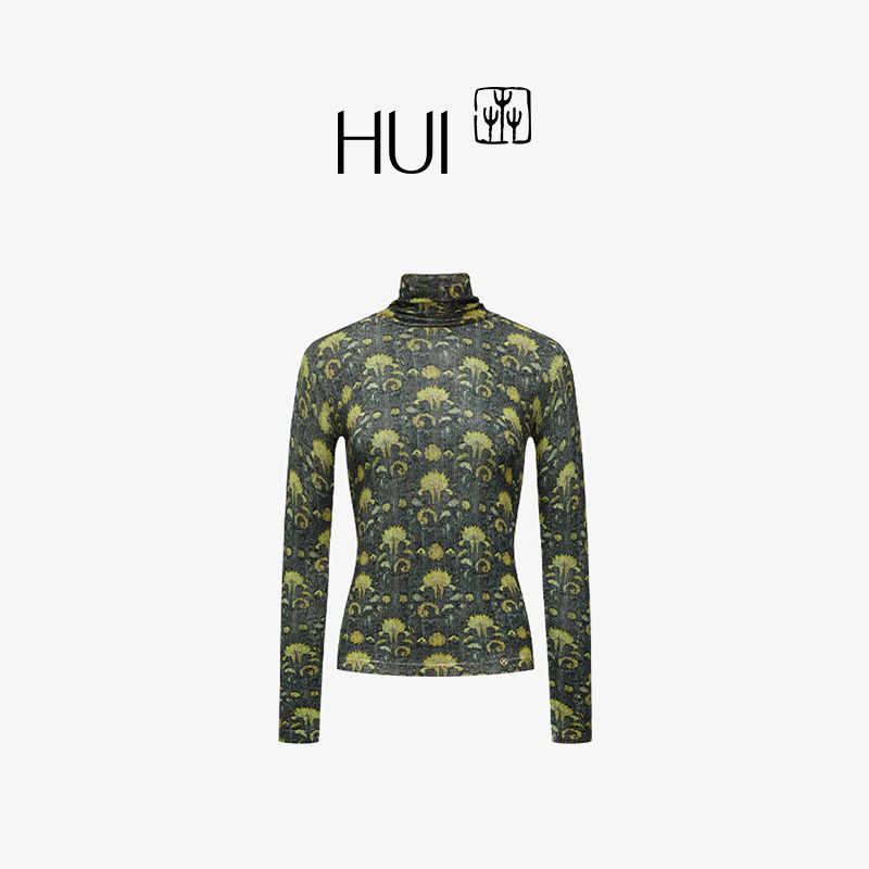 HUI卉羊毛山羊绒绿菠花针织衫